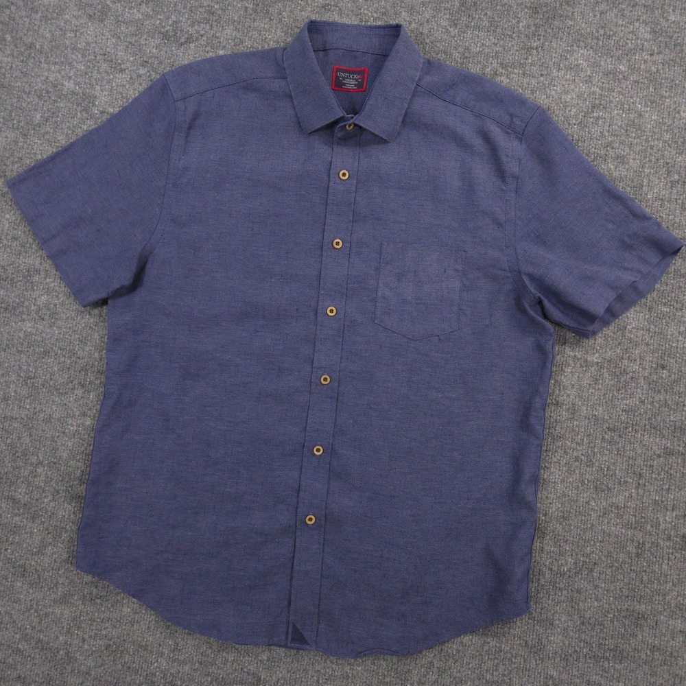 UNTUCKit Shirt Mens M Navy Blue Cameron Linen Wrinkle Resistant Short Sleeve
